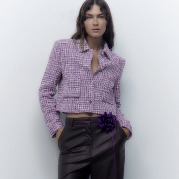 Zara Jackets & Blazers - Zara, New, Purple Tweed Textured Fitted Preppy Cropped Blazer Jacket SZ Large